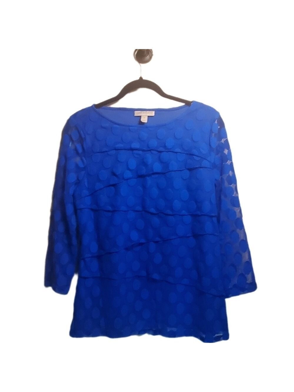 DANA BUCHMAN Cobalt Blue Polka Dot Gauzy Layered Top with 3/4 Length Sleeves EUC